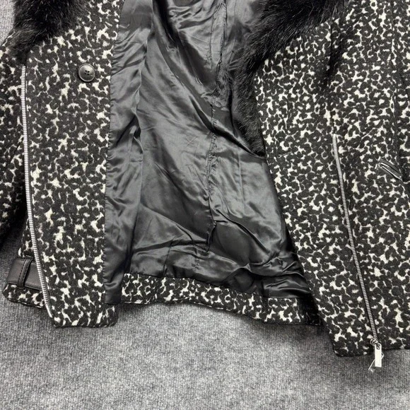 Karen Millen Leopard Print Faux Fur Collar Moto Jacket Women Black White Size 10